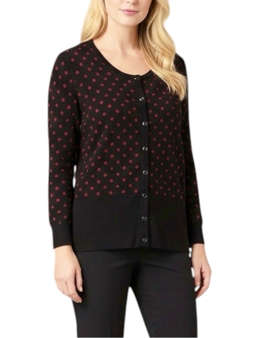 WHBM Classic Black Red Polka Dot Cardigan Sweater Women’s Large Snap Front